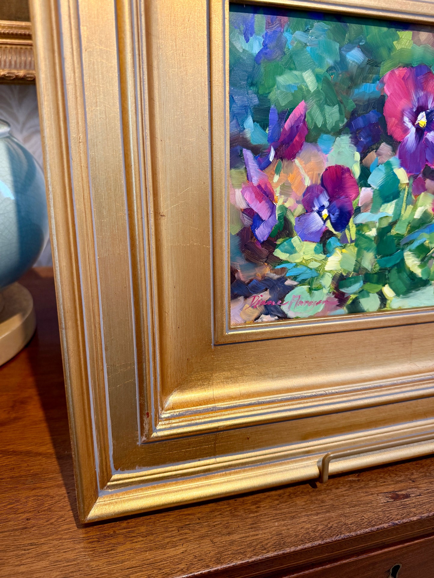 Diane Flanagan Along the Path Purple Pansies Oil Painting in Gold Frame