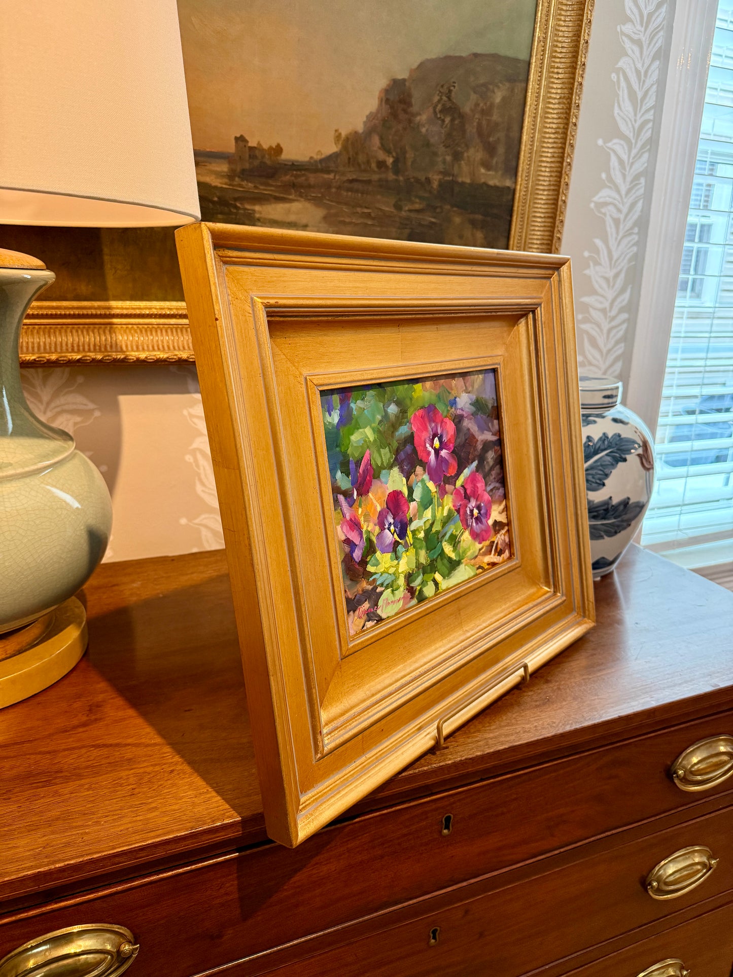 Diane Flanagan Along the Path Purple Pansies Oil Painting in Gold Frame