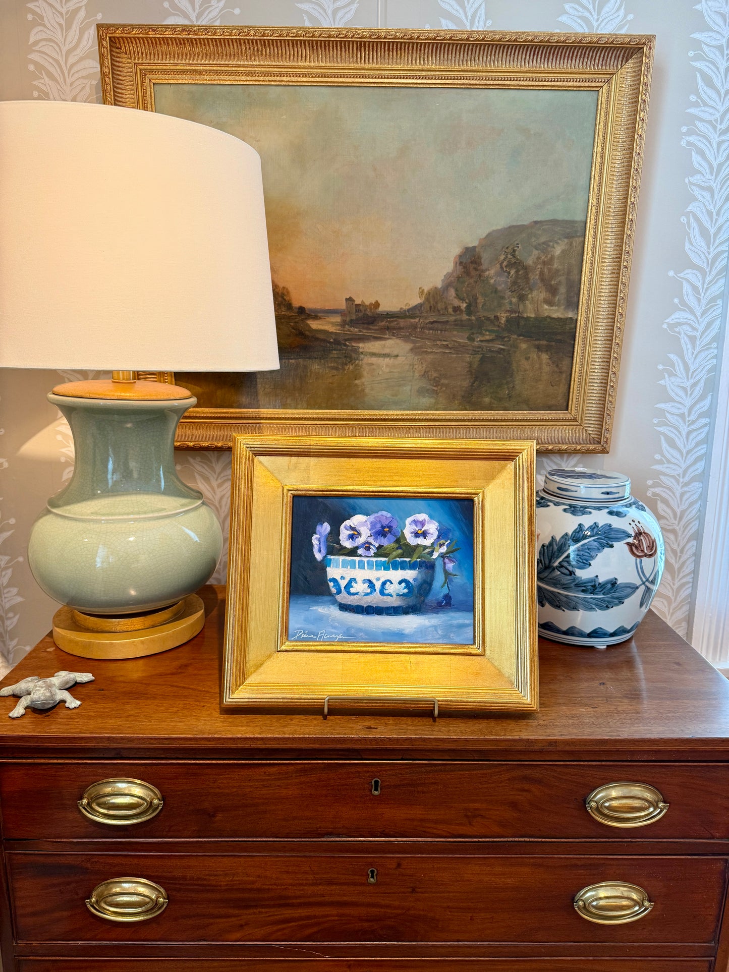 Diane Flanagan Pretty in Blue Pansies in Blue and White Bowl Still Life Oil Painting in Gold Frame