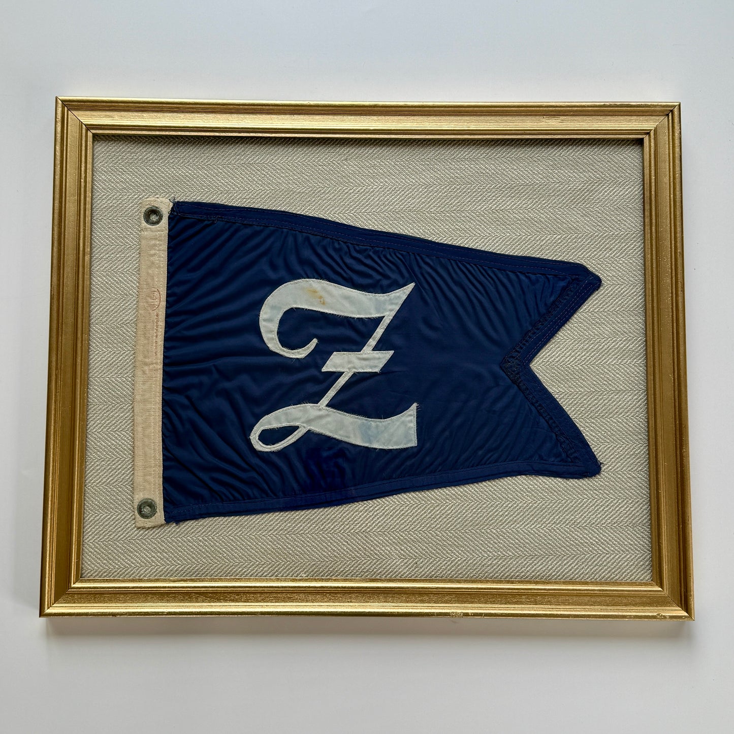 Vintage "Z" Nautical Yacht Flag on Tan Herringbone Fabric in Gold Frame