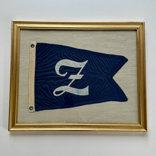 Vintage "Z" Nautical Yacht Flag on Tan Herringbone Fabric in Gold Frame