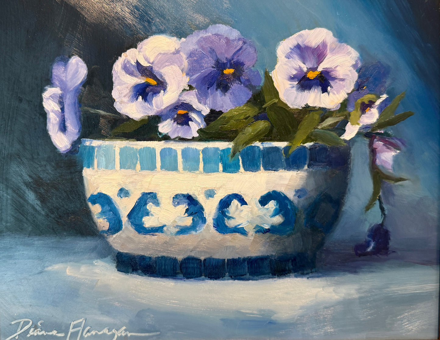 Diane Flanagan Pretty in Blue Pansies in Blue and White Bowl Still Life Oil Painting in Gold Frame