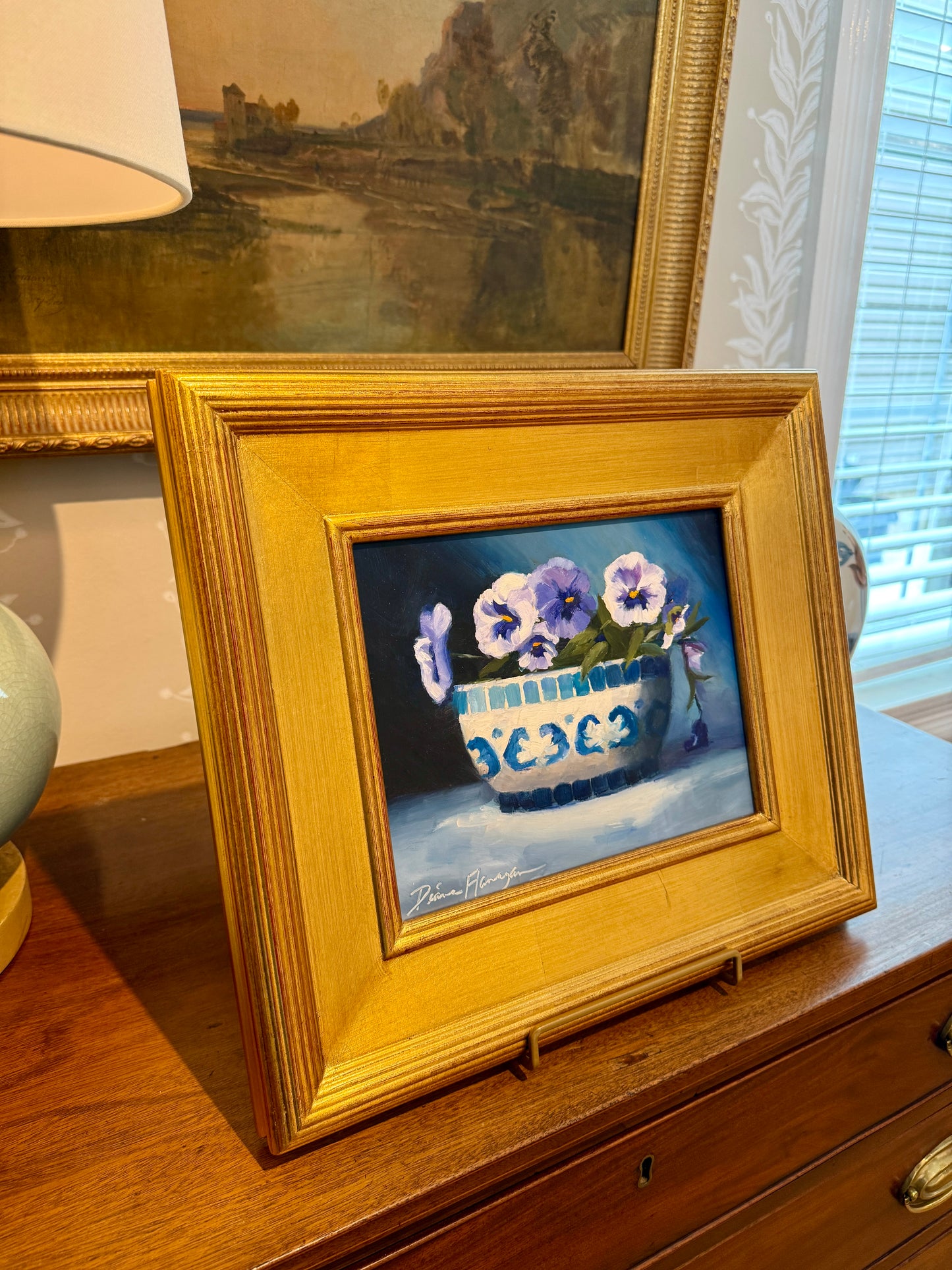Diane Flanagan Pretty in Blue Pansies in Blue and White Bowl Still Life Oil Painting in Gold Frame