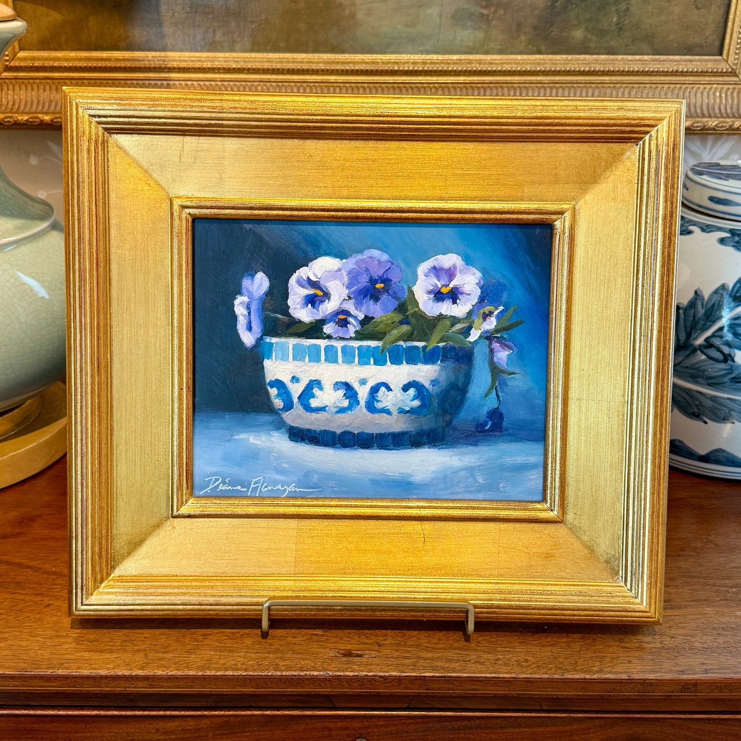 Diane Flanagan Pretty in Blue Pansies in Blue and White Bowl Still Life Oil Painting in Gold Frame
