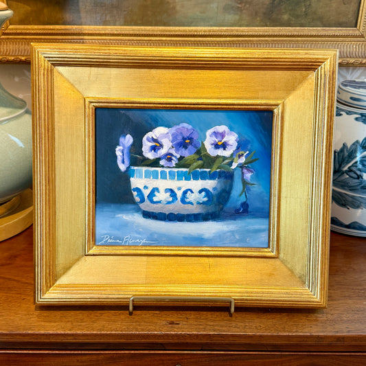 Diane Flanagan Pretty in Blue Pansies in Blue and White Bowl Still Life Oil Painting in Gold Frame