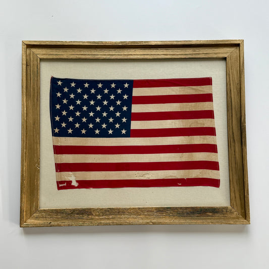 Vintage 50 Star American Parade Flag on Duck Cloth Fabric in Gold Barnwood Frame