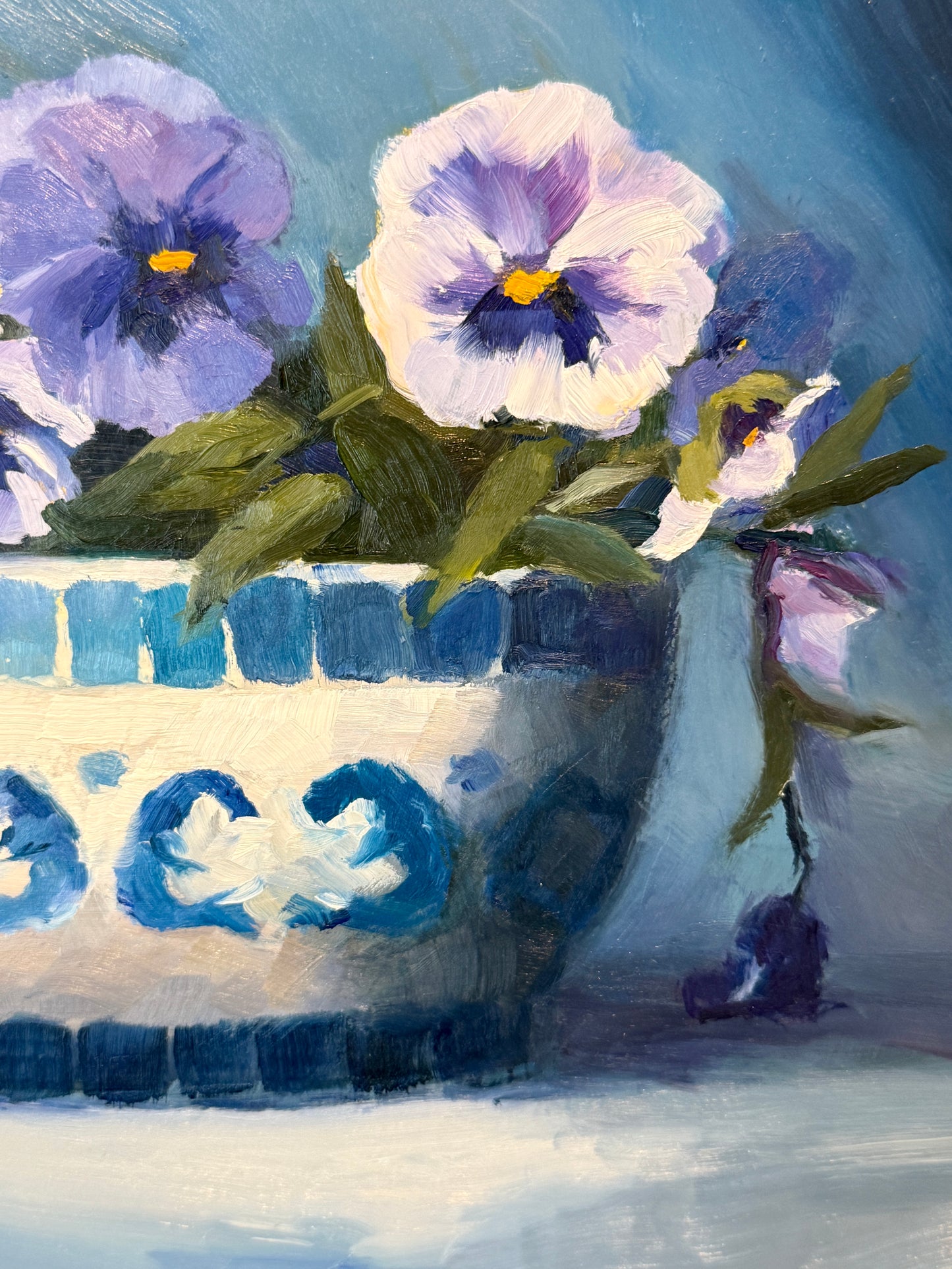 Diane Flanagan Pretty in Blue Pansies in Blue and White Bowl Still Life Oil Painting in Gold Frame
