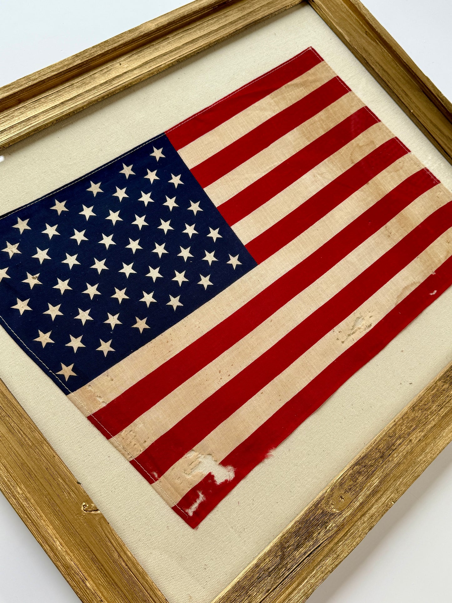 Vintage 50 Star American Parade Flag on Duck Cloth Fabric in Gold Barnwood Frame