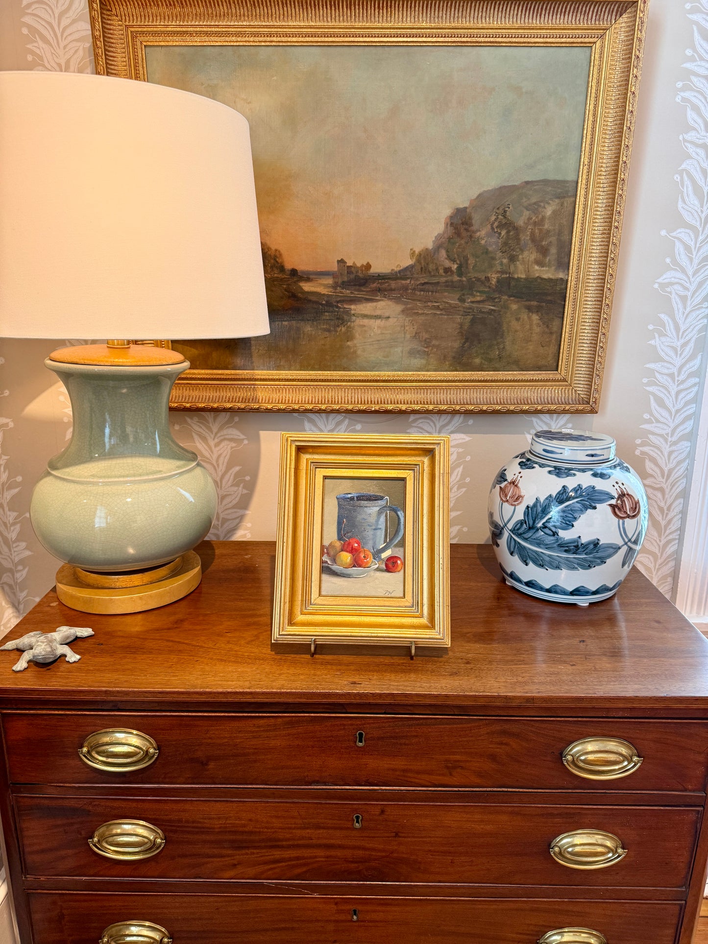 Diane Flanagan Cherries with Tea Still Life Oil Painting in Gold Frame