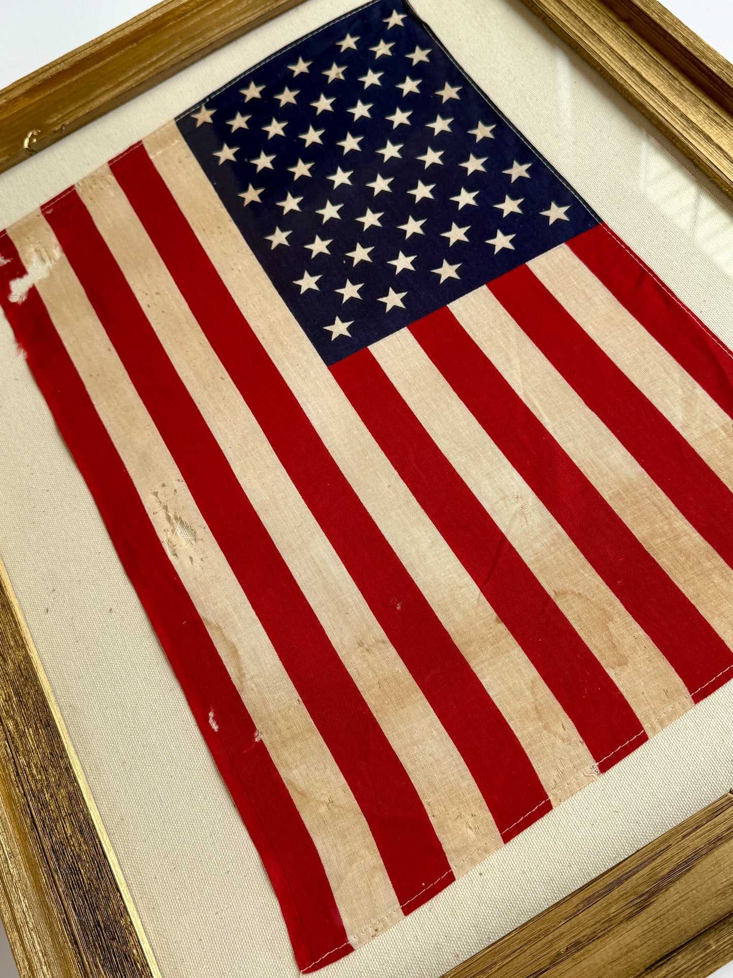 Vintage 50 Star American Parade Flag on Duck Cloth Fabric in Gold Barnwood Frame