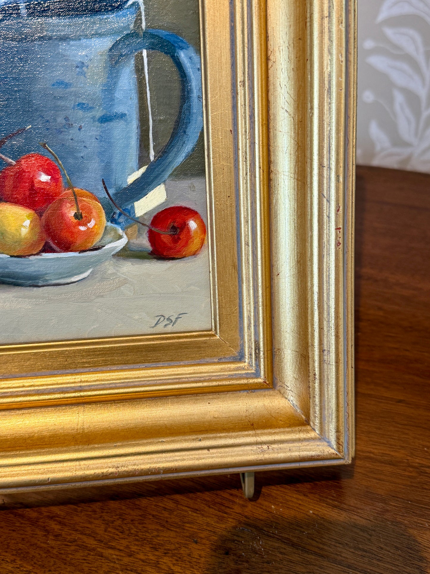 Diane Flanagan Cherries with Tea Still Life Oil Painting in Gold Frame