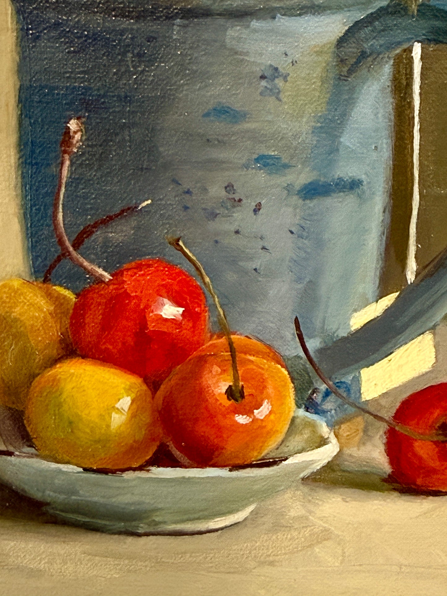 Diane Flanagan Cherries with Tea Still Life Oil Painting in Gold Frame