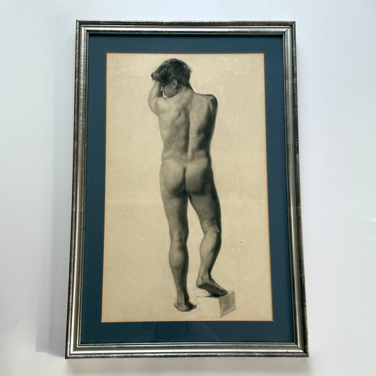 Exceptional Young Male Nude Pencil Drawing in Silver Frame