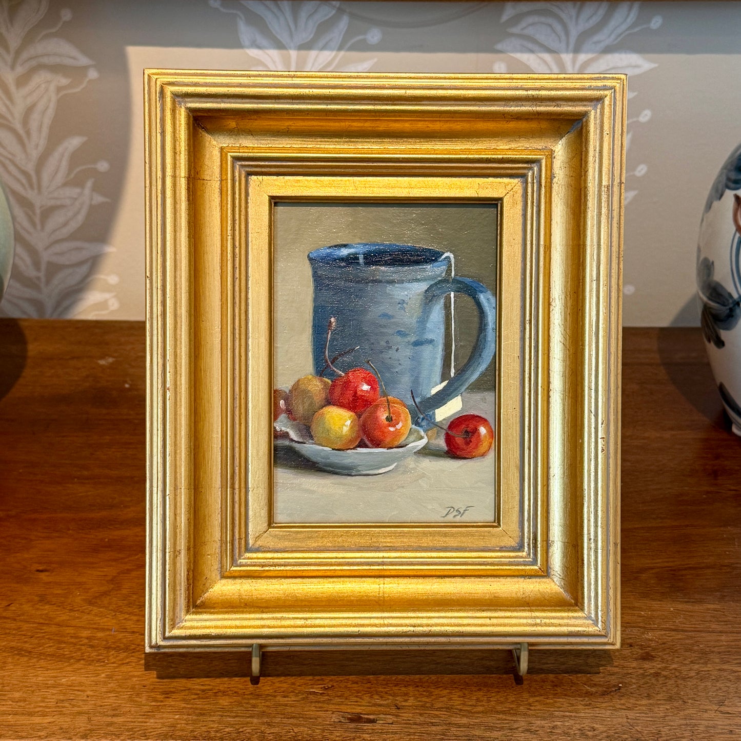 Diane Flanagan Cherries with Tea Still Life Oil Painting in Gold Frame