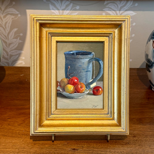 Diane Flanagan Cherries with Tea Still Life Oil Painting in Gold Frame