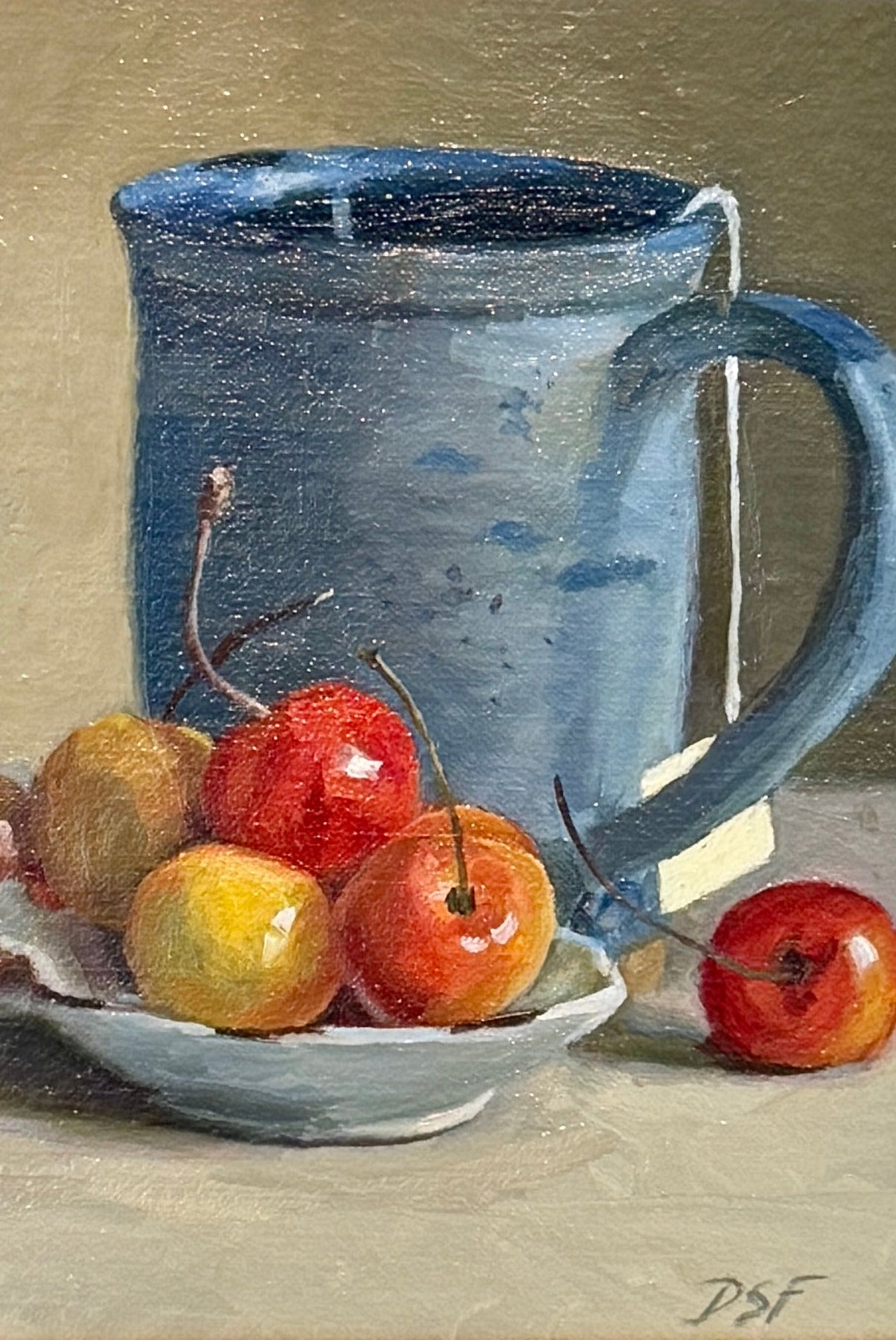 Diane Flanagan Cherries with Tea Still Life Oil Painting in Gold Frame