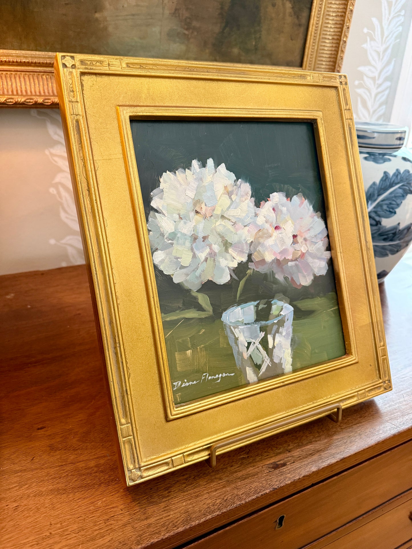 Diane Flanagan Peonies in Crystal Still Life Oil Painting in Gold Frame