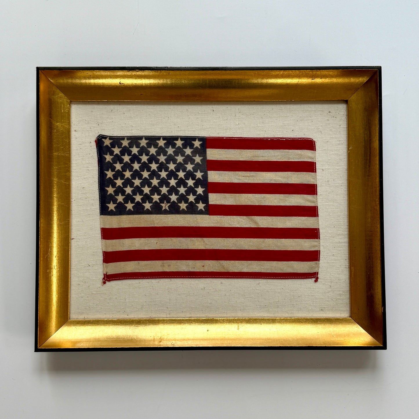 Vintage 50 Star American Parade Flag on Duck Cloth Fabric in Gold and Black Frame