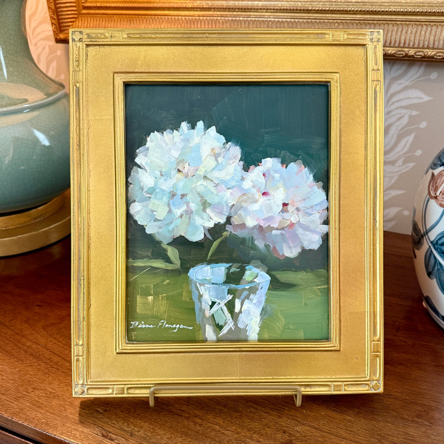 Diane Flanagan Peonies in Crystal Still Life Oil Painting in Gold Frame