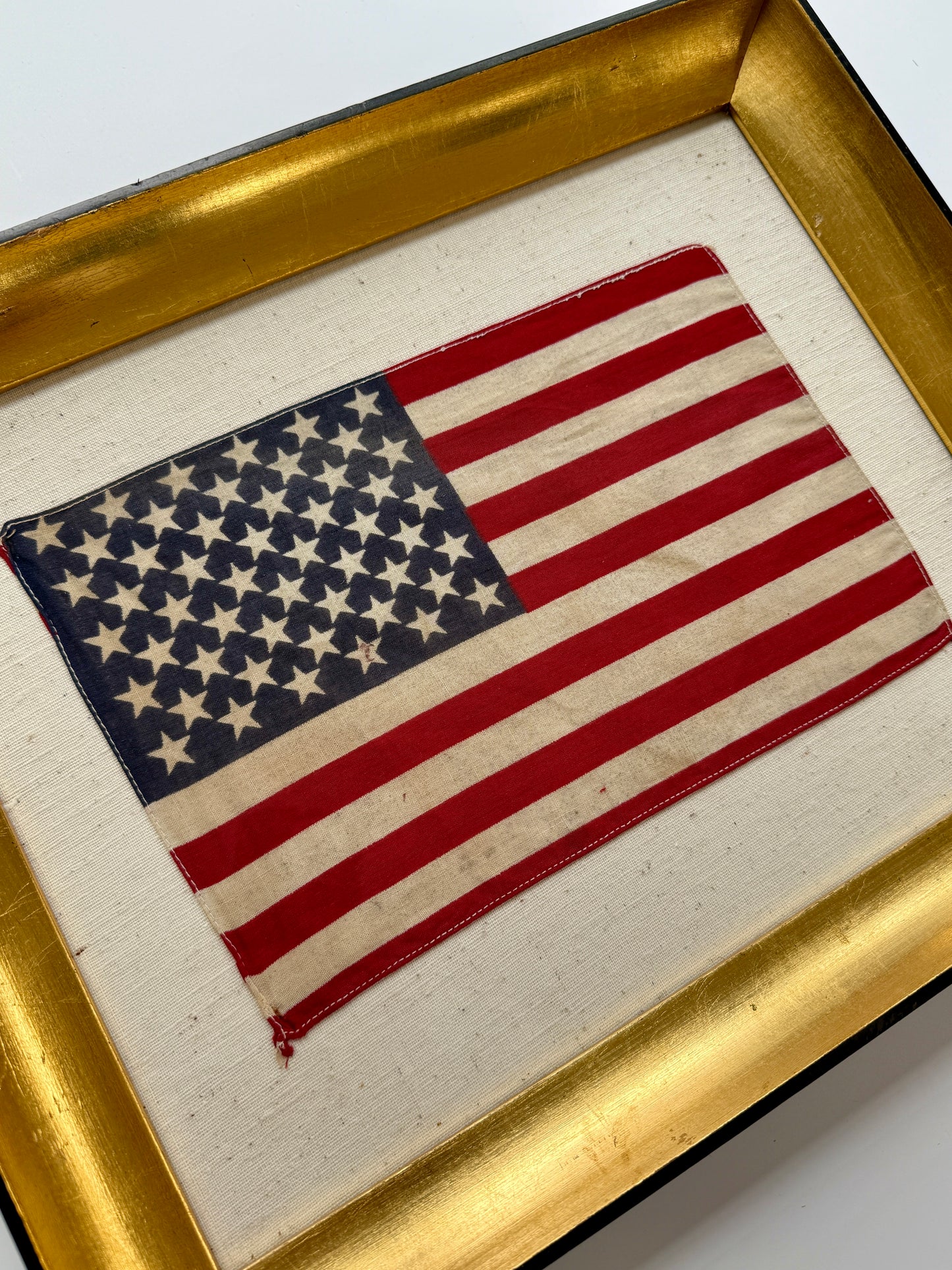Vintage 50 Star American Parade Flag on Duck Cloth Fabric in Gold and Black Frame