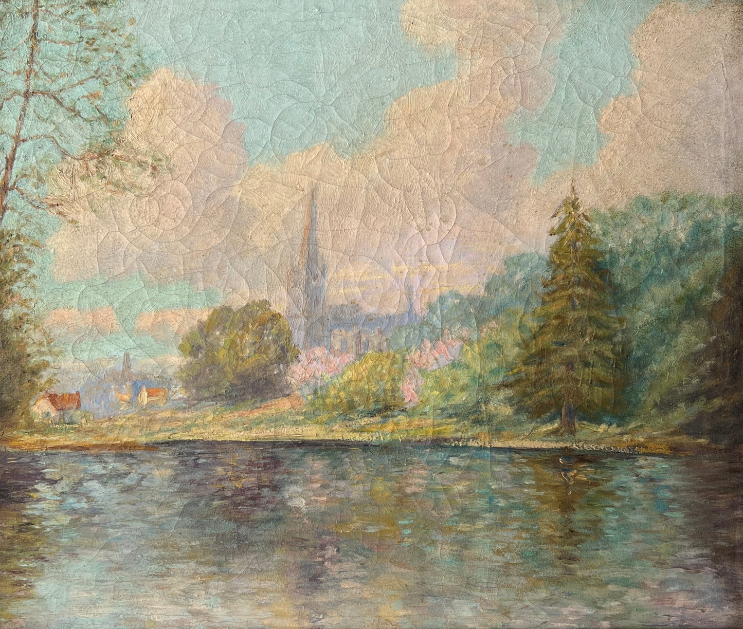 Antique Early 20th Century Waterfront Landscape Oil Painting in Carved Wood Frame