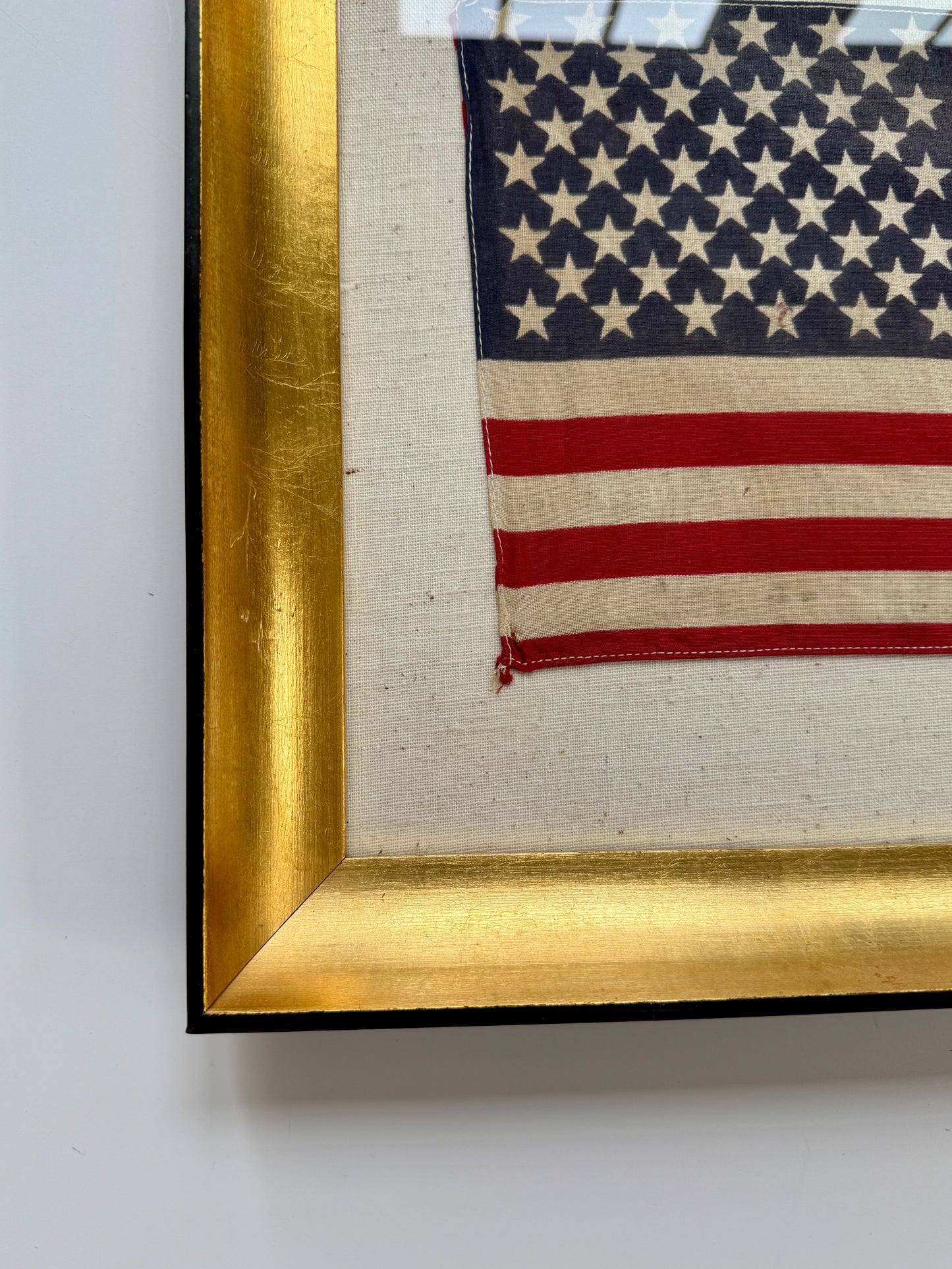 Vintage 50 Star American Parade Flag on Duck Cloth Fabric in Gold and Black Frame