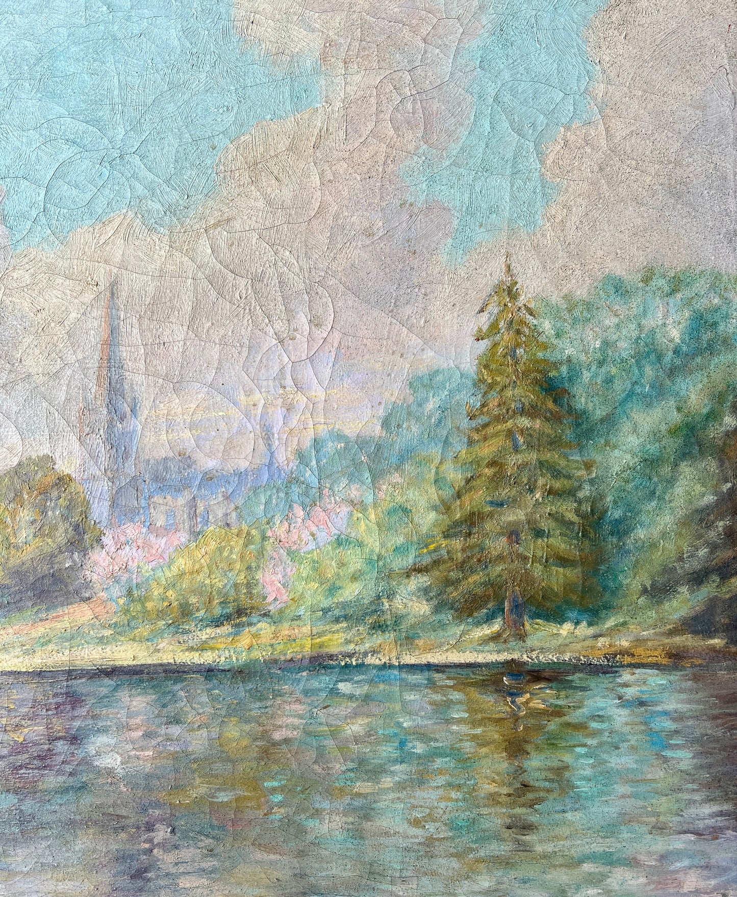 Antique Early 20th Century Waterfront Landscape Oil Painting in Carved Wood Frame