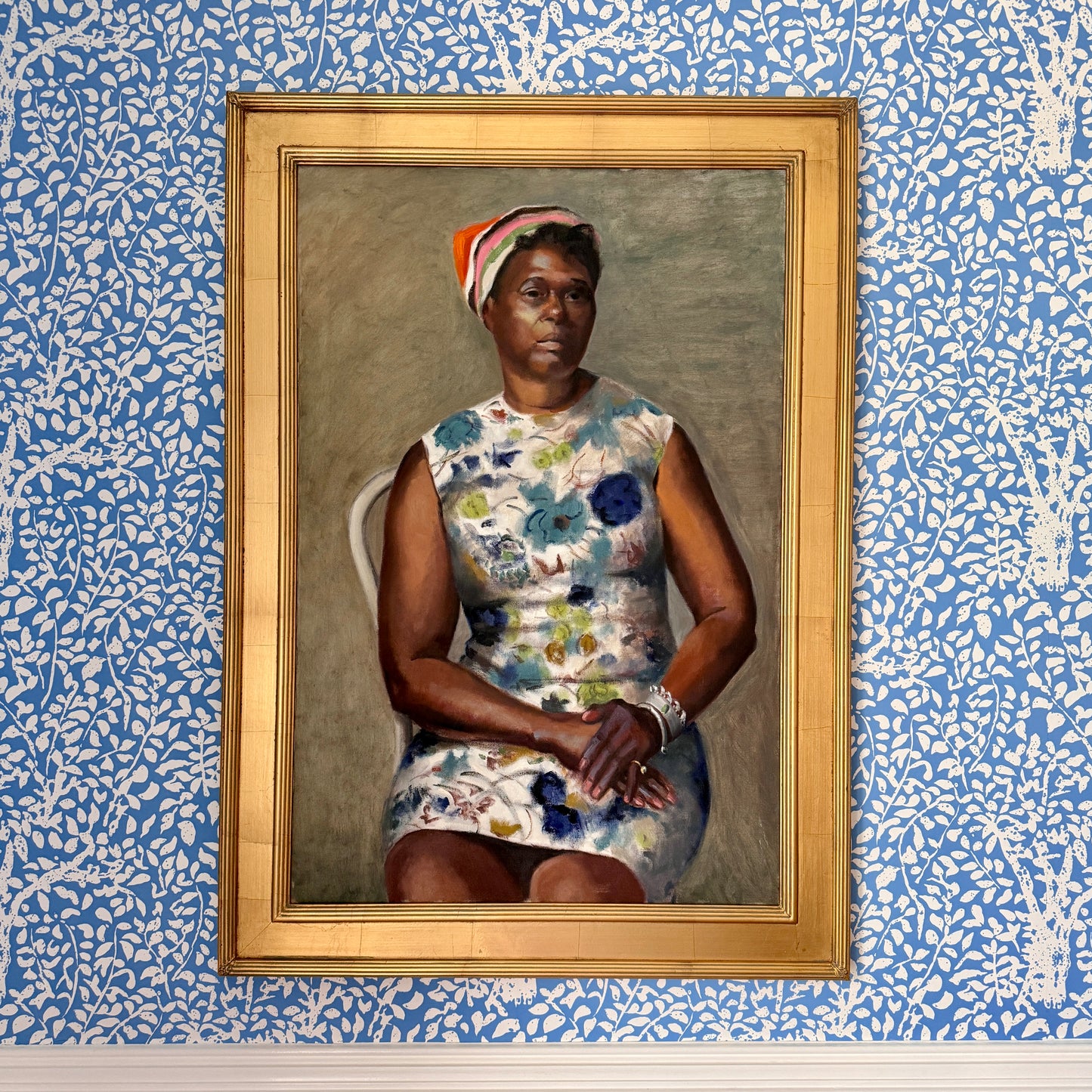 Mid Century Vintage African American Lady Portrait Oil Painting Attr. to George Dangman in Gold Frame