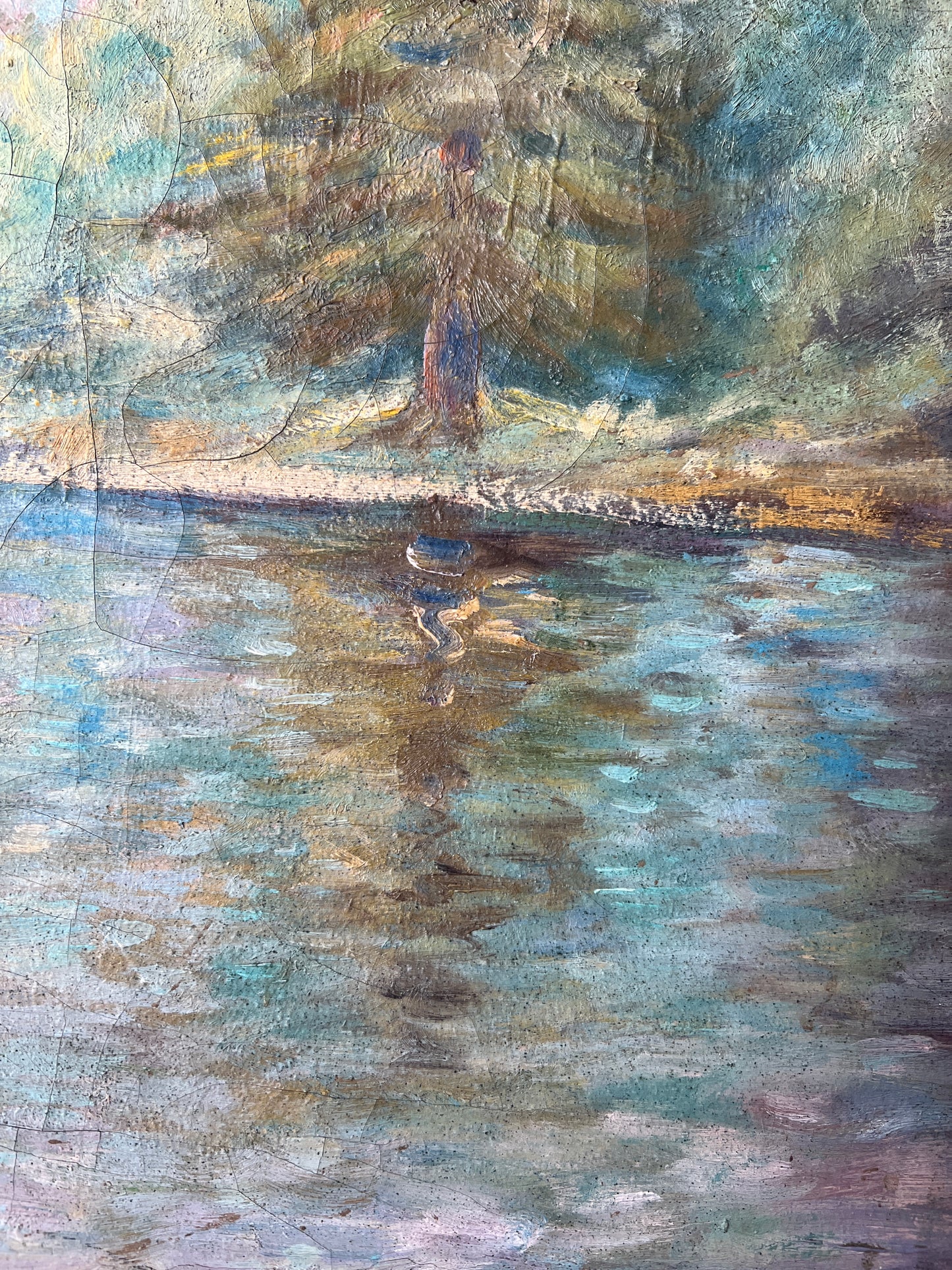 Antique Early 20th Century Waterfront Landscape Oil Painting in Carved Wood Frame