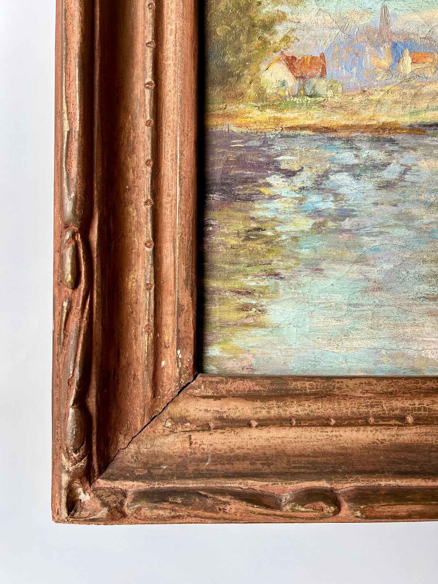 Antique Early 20th Century Waterfront Landscape Oil Painting in Carved Wood Frame