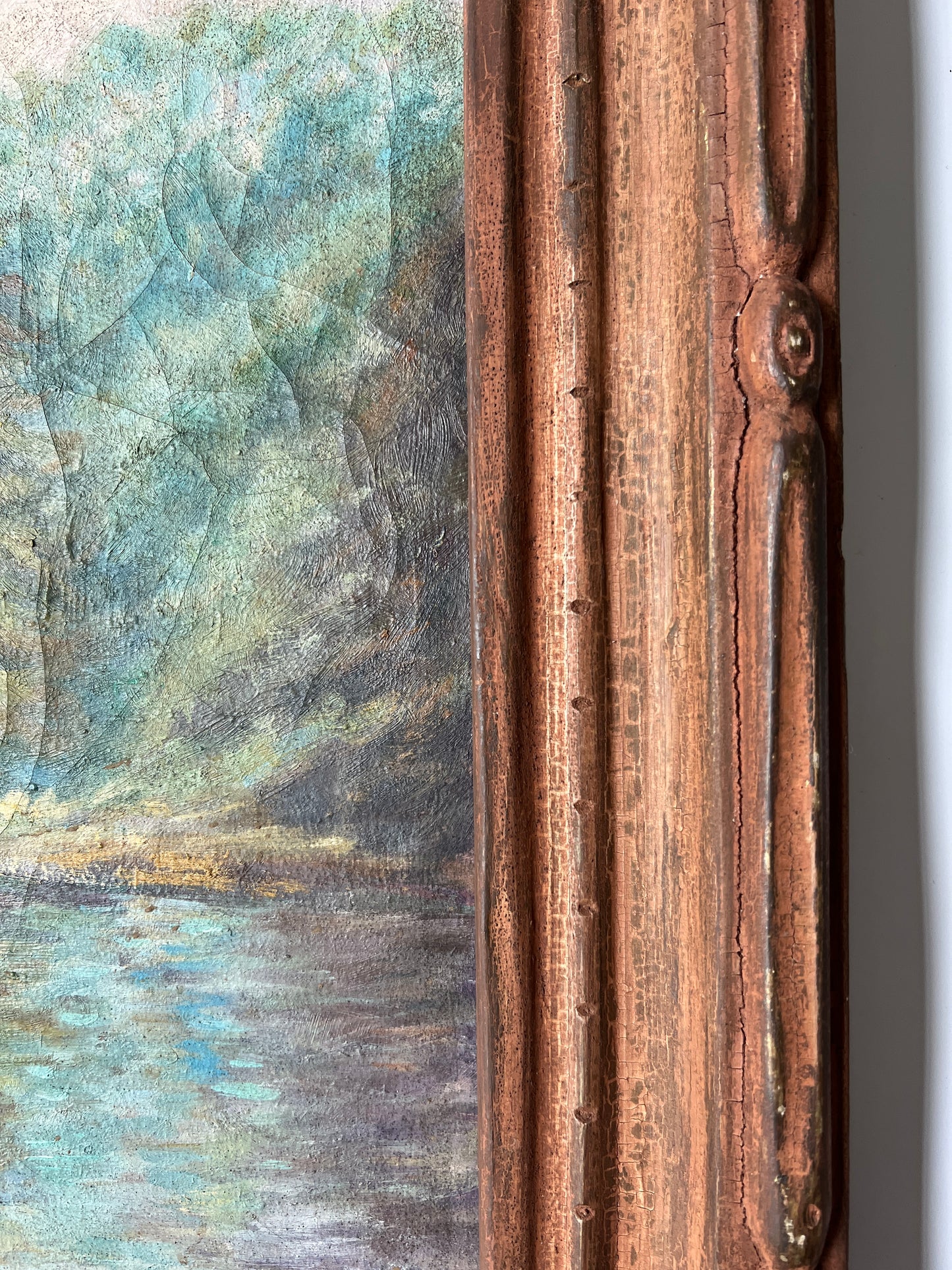 Antique Early 20th Century Waterfront Landscape Oil Painting in Carved Wood Frame