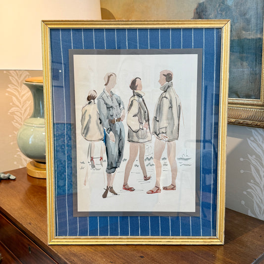 Catherine Figart Vogue Watercolor Coastal Fashion Illustration on Serena and Lily Blue Pinstripe Fabric in Vintage Gold Frame