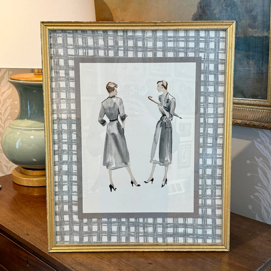 Catherine Figart Vogue Watercolor Fashion Illustration on Vintage Brunschwig & Fils Check in Gold Frame