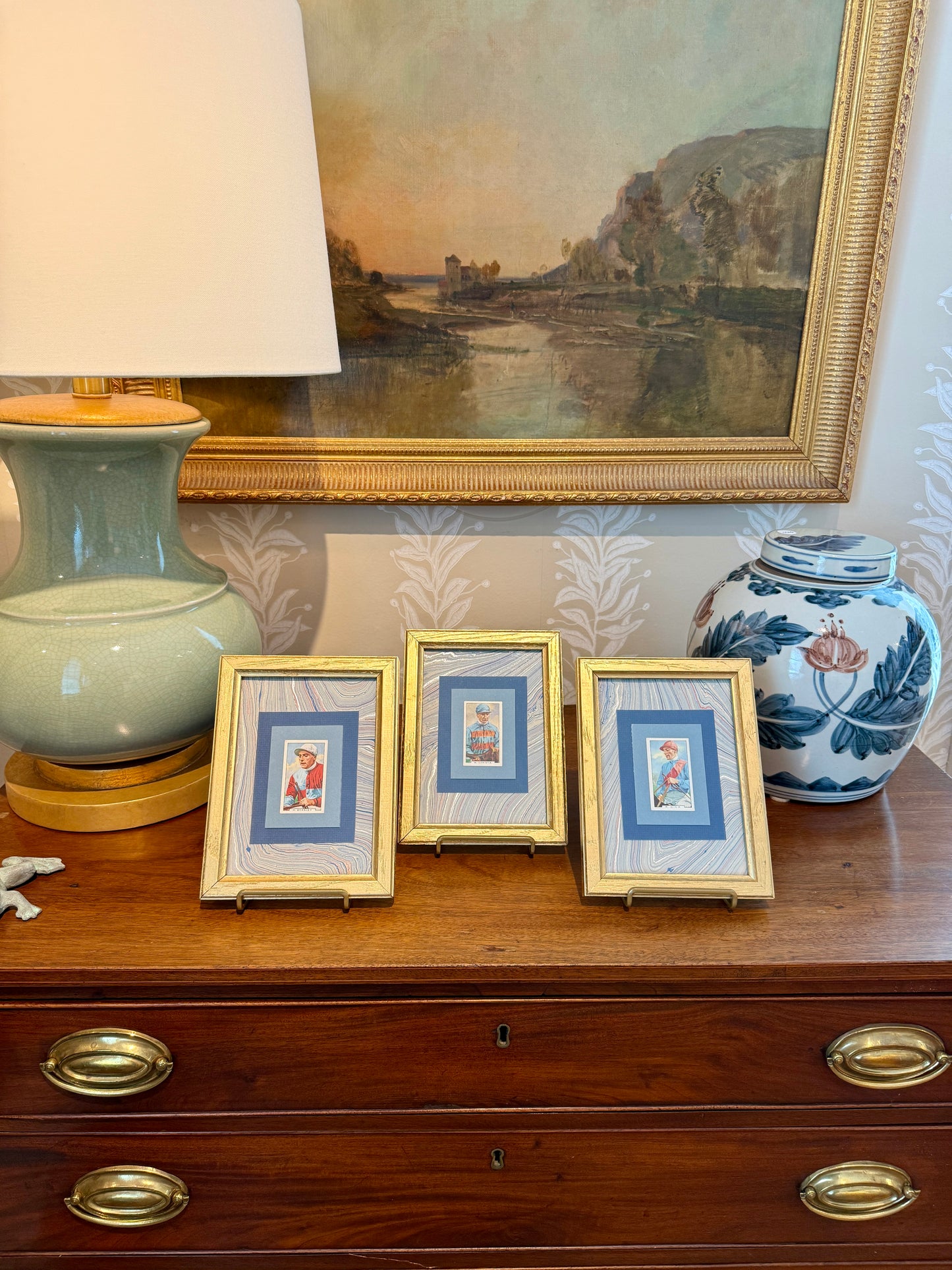 Set of 3 1936 Jockey Tobacco Cards on Blue Hand Marbled Mount in Gold Frames
