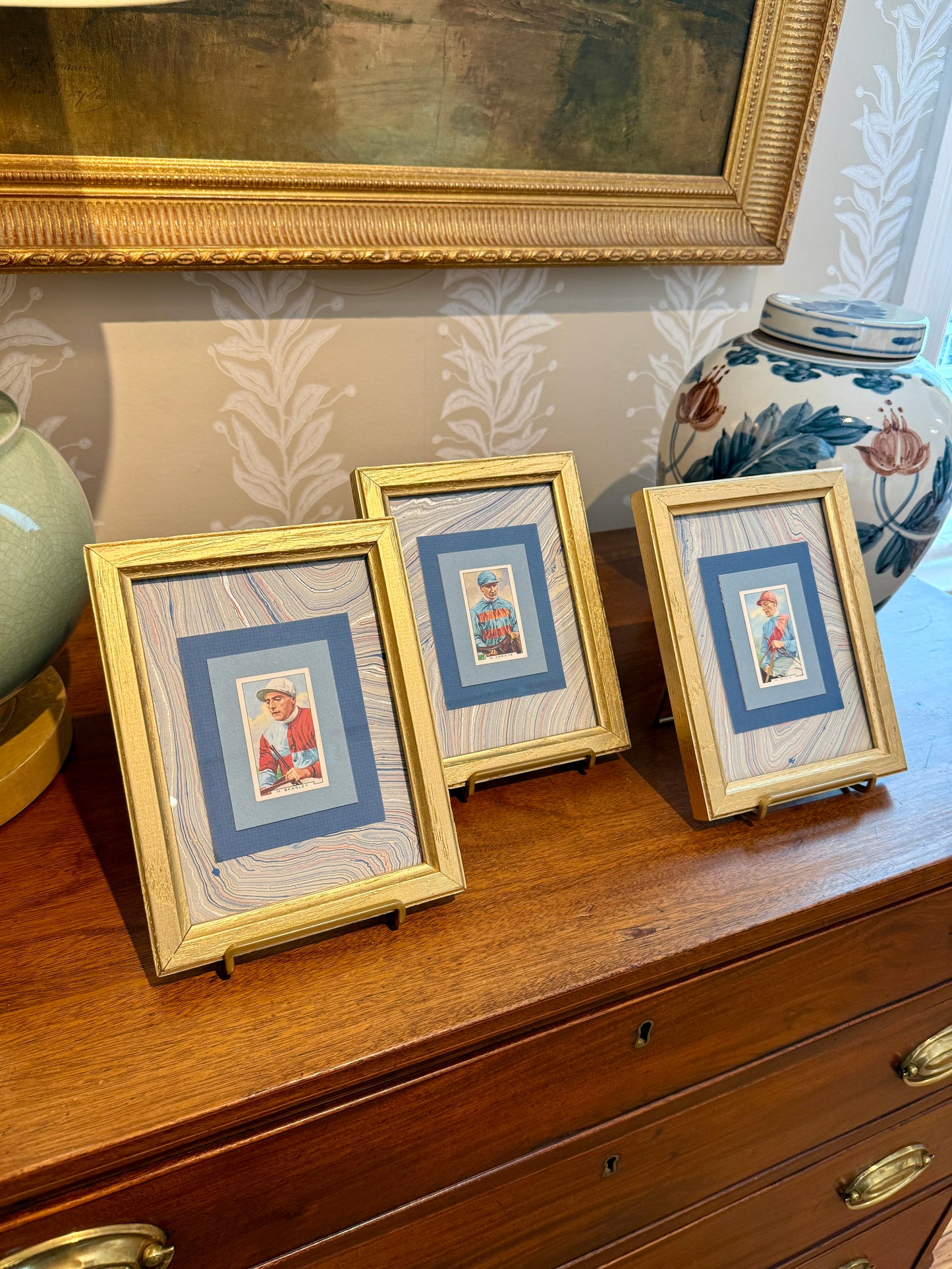 Set of 3 1936 Jockey Tobacco Cards on Blue Hand Marbled Mount in Gold Frames