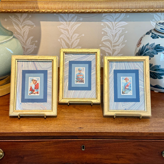 Set of 3 1936 Jockey Tobacco Cards on Blue Hand Marbled Mount in Gold Frames