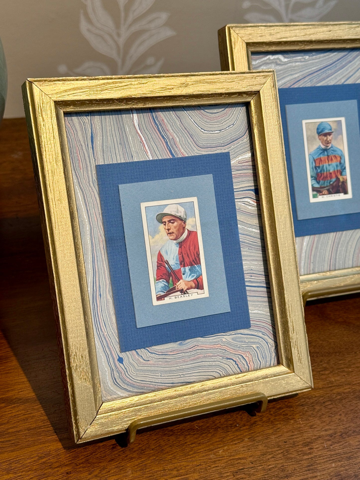 Set of 3 1936 Jockey Tobacco Cards on Blue Hand Marbled Mount in Gold Frames