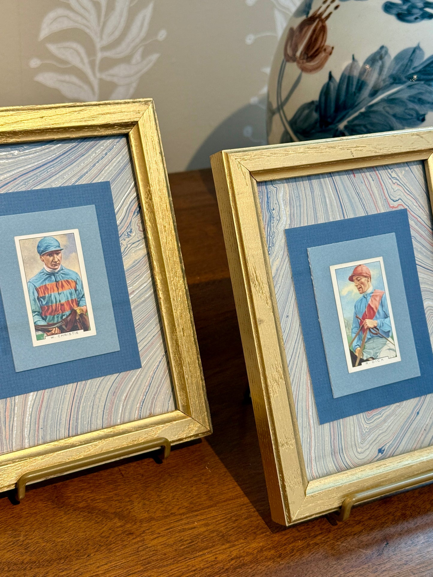 Set of 3 1936 Jockey Tobacco Cards on Blue Hand Marbled Mount in Gold Frames