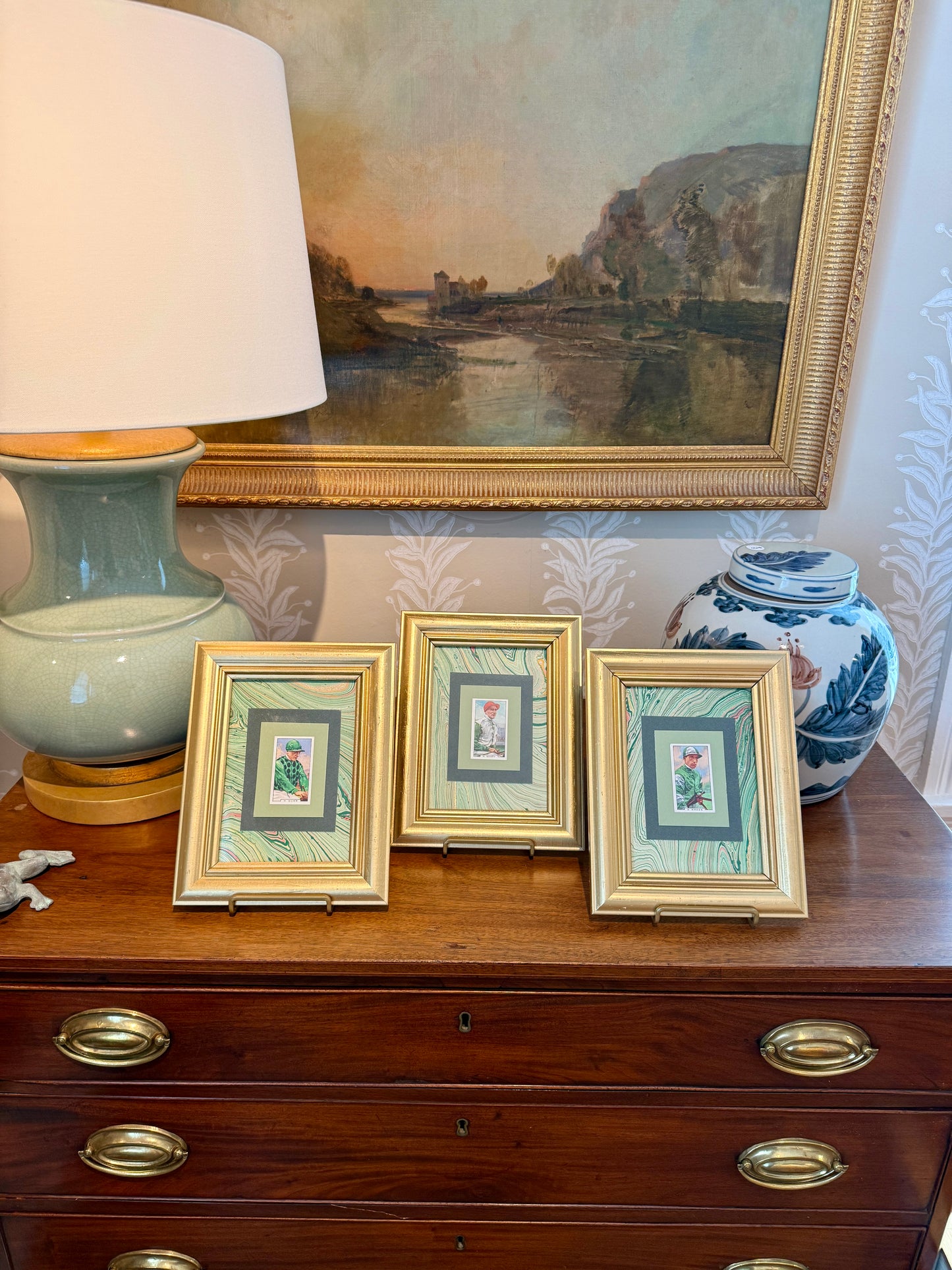 Set of 3 1936 Jockey Tobacco Cards on Green Hand Marbled Mount in Gold Frames