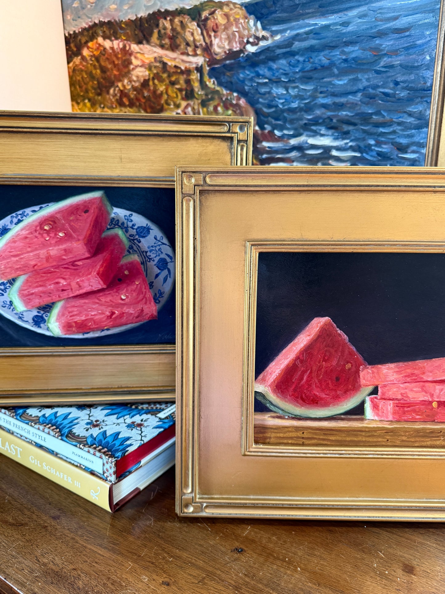 Youqing Wang Watermelon Slices on Wood Table Still Life Oil Painting in Gold Frame