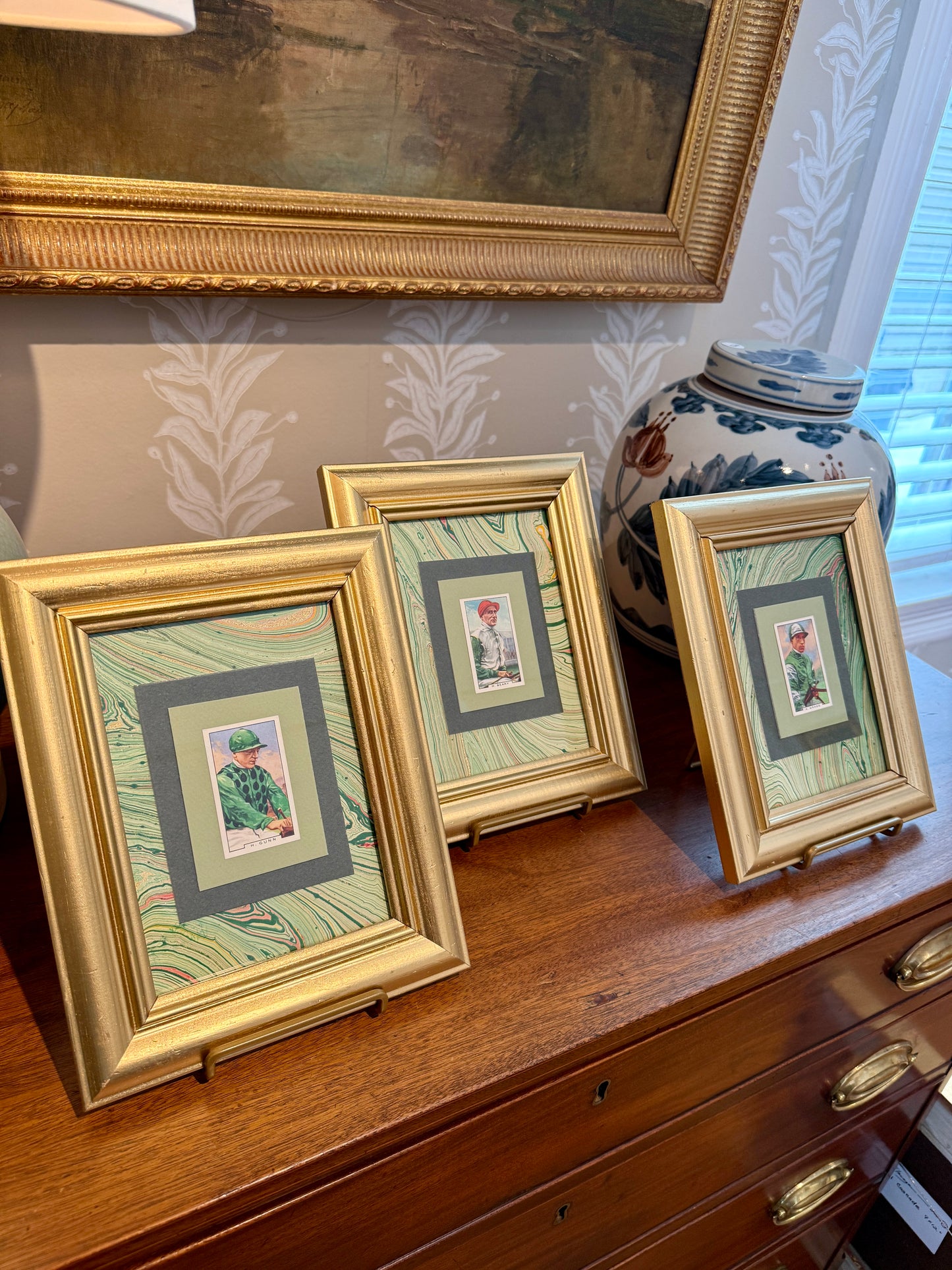 Set of 3 1936 Jockey Tobacco Cards on Green Hand Marbled Mount in Gold Frames