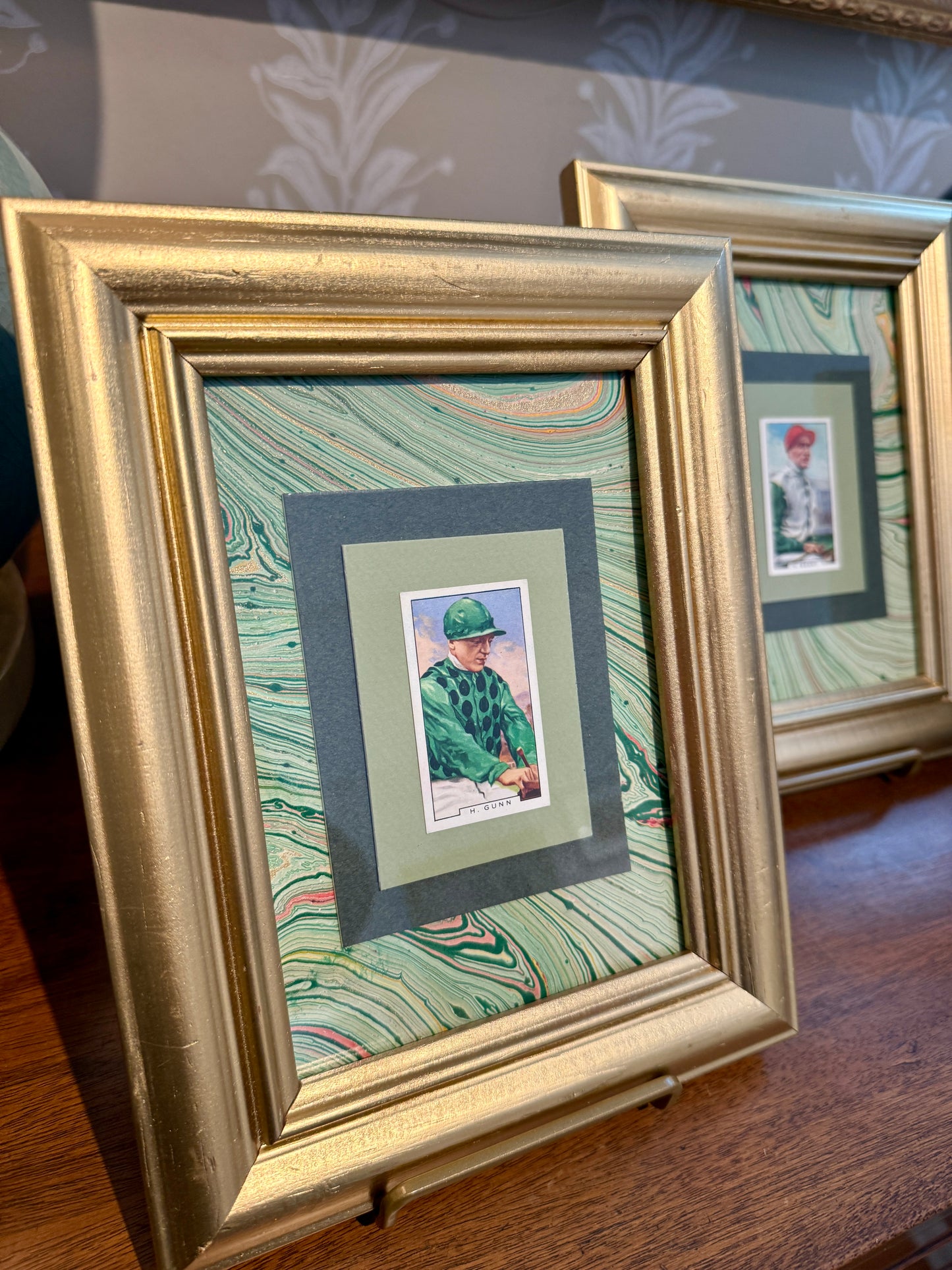 Set of 3 1936 Jockey Tobacco Cards on Green Hand Marbled Mount in Gold Frames