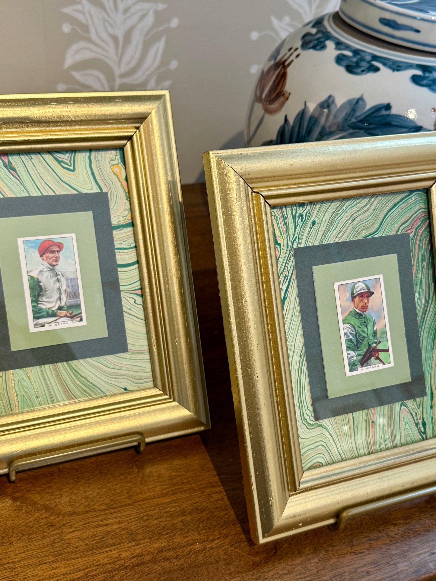 Set of 3 1936 Jockey Tobacco Cards on Green Hand Marbled Mount in Gold Frames