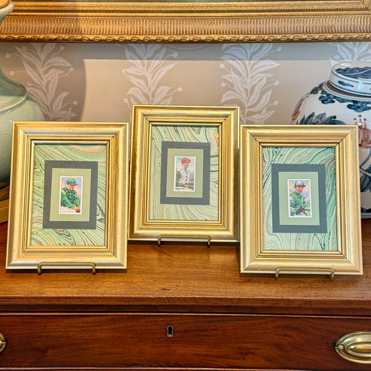 Set of 3 1936 Jockey Tobacco Cards on Green Hand Marbled Mount in Gold Frames
