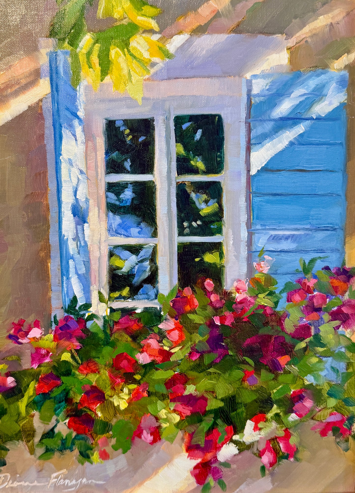 Diane Flanagan Joyful Cascade Window Box in Dappled Light Oil Painting in Gold Frame