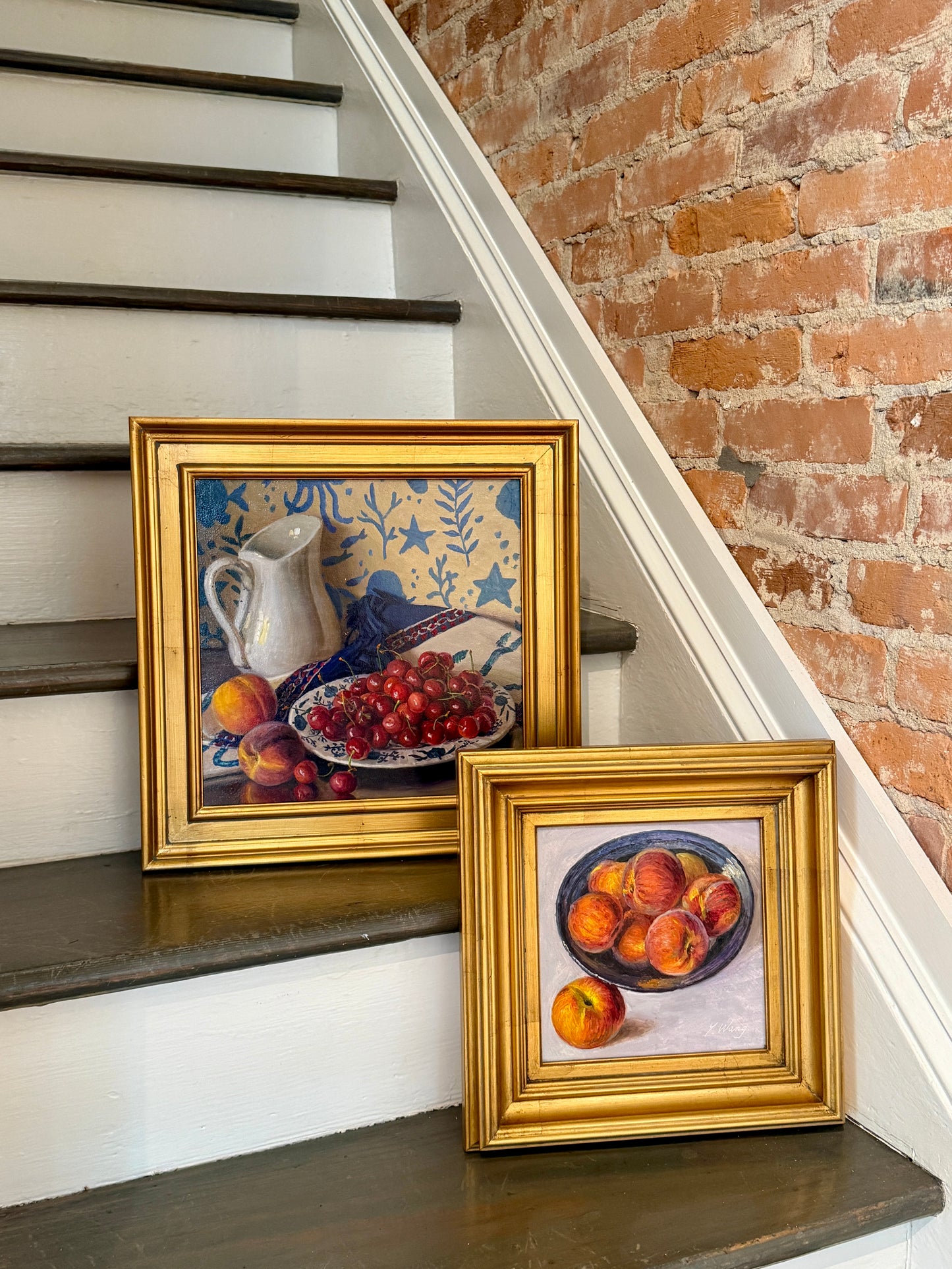Youqing Wang Peaches in a Blue Bowl Still Life Oil Painting in Gold Frame