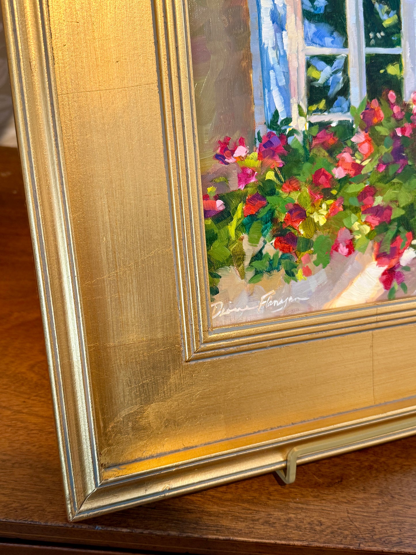 Diane Flanagan Joyful Cascade Window Box in Dappled Light Oil Painting in Gold Frame