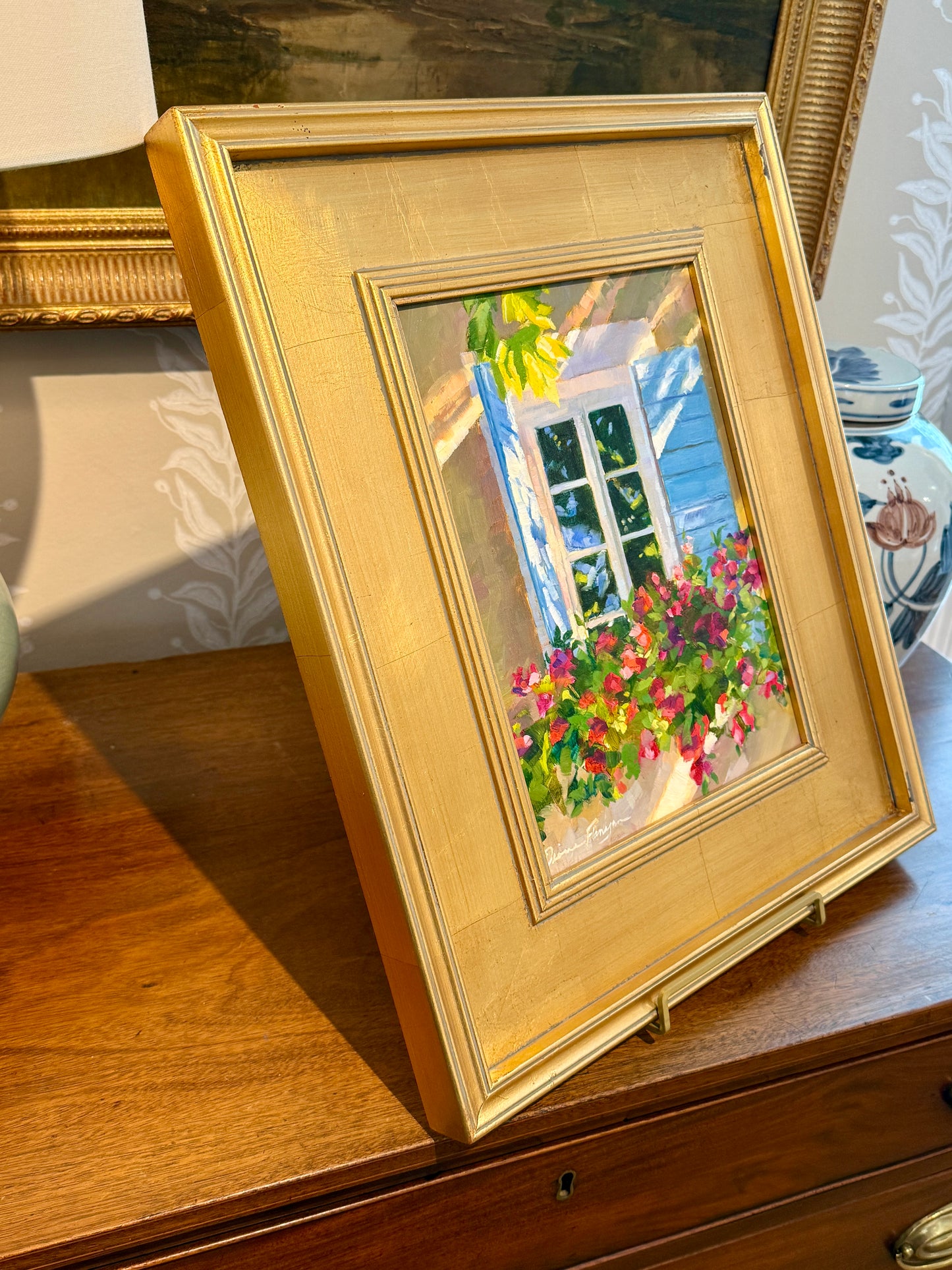 Diane Flanagan Joyful Cascade Window Box in Dappled Light Oil Painting in Gold Frame