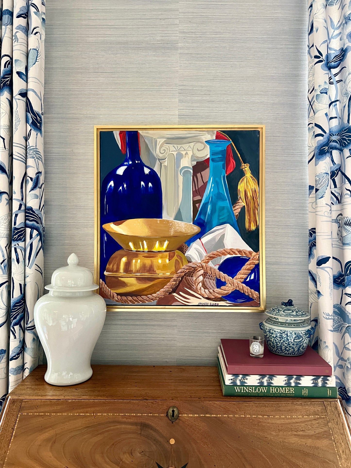 Contemporary Colorful Greek Still Life in Gold Floater Frame