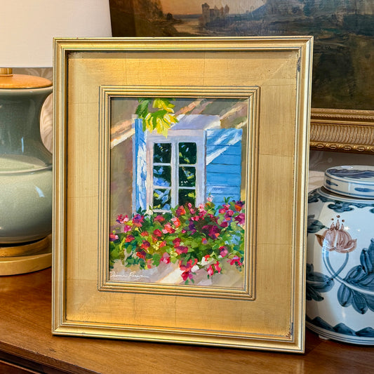 Diane Flanagan Joyful Cascade Window Box in Dappled Light Oil Painting in Gold Frame